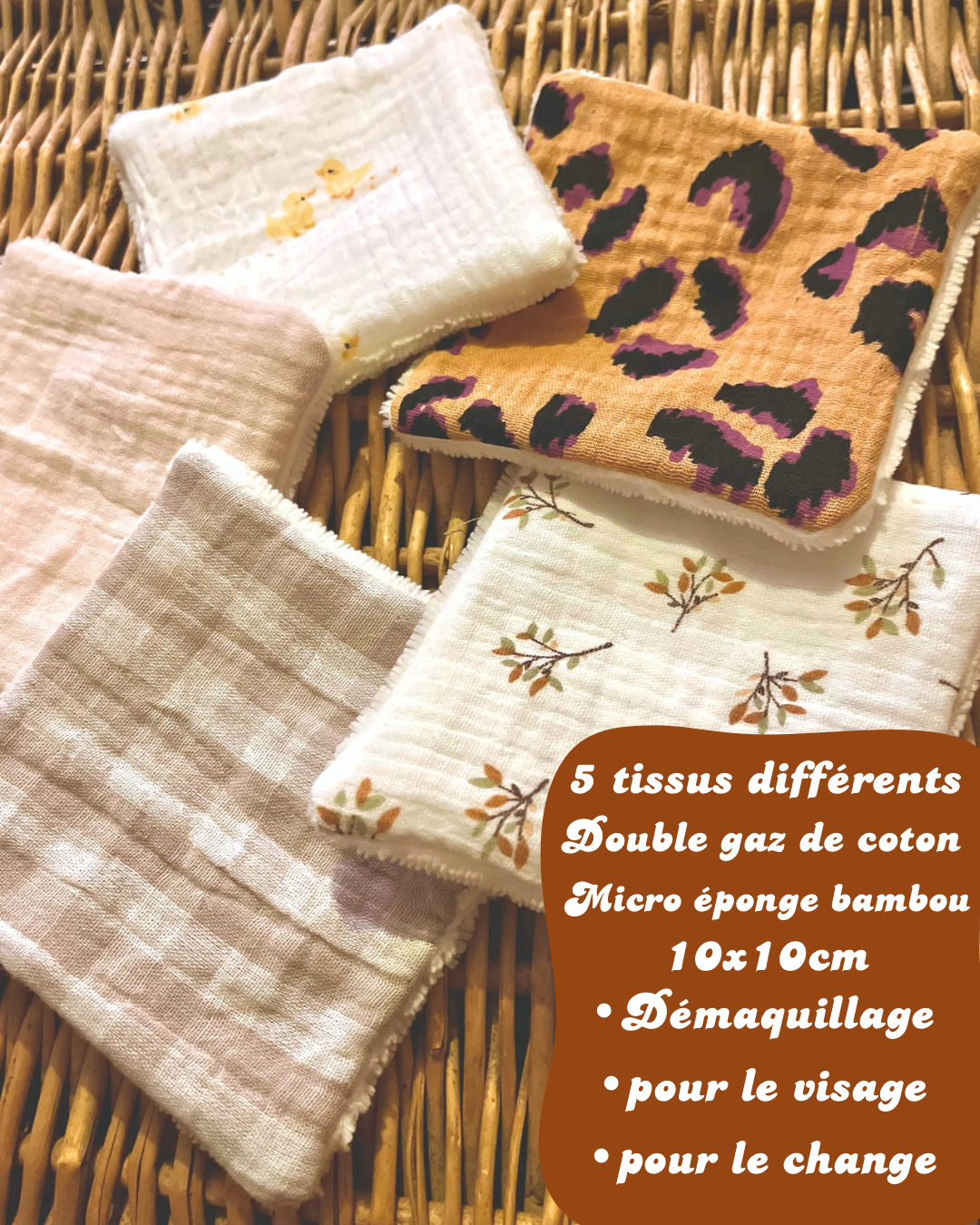 Lot de 5 Lingettes lavables - fait main